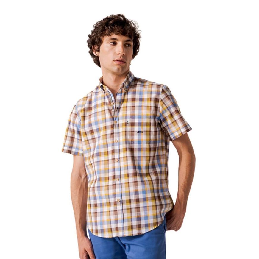 Foto de Camisa manga corta cuadro ventana azul, marrón y ocre