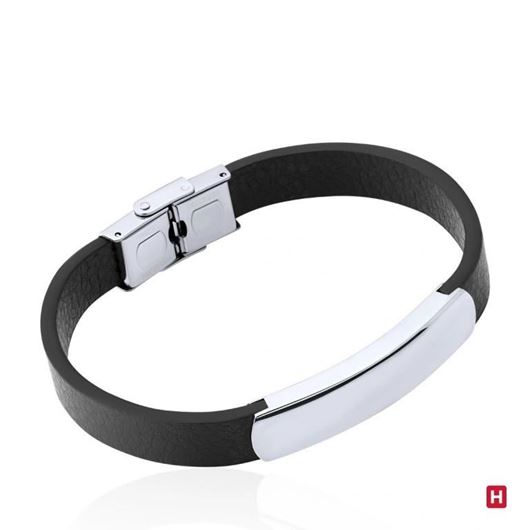 Picture of Pulsera de piel negra y placa de acero para grabaación