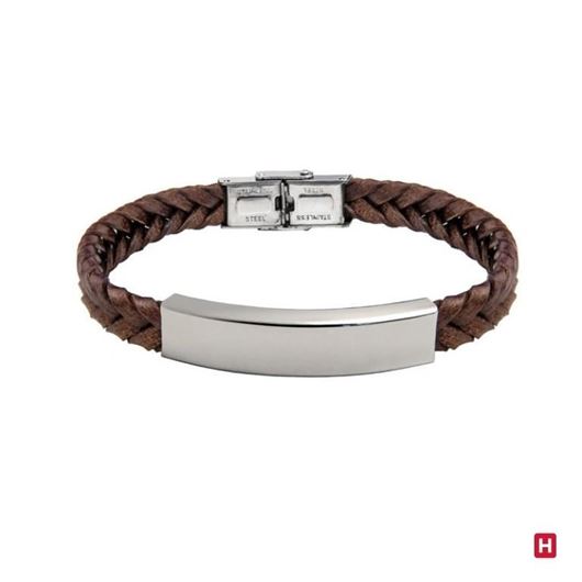 Picture of Pulsera de piel trenzada marrón y placa de acero para grabación