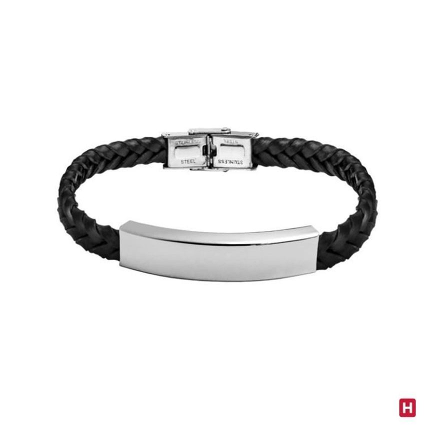 Foto de Pulsera de piel trenzada y placa de acero para grabación