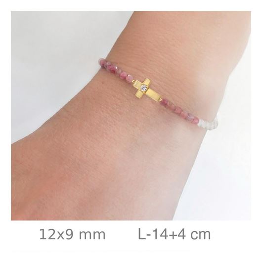 Foto de Pulsera de plata con baño de oro cruz y bolitas rosa y blanco