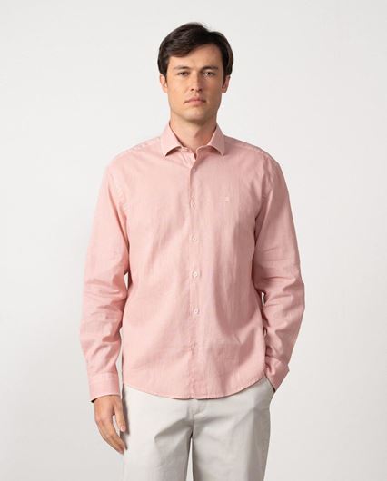 Foto de Camisa de lino y algodón rosa lavado slim fit