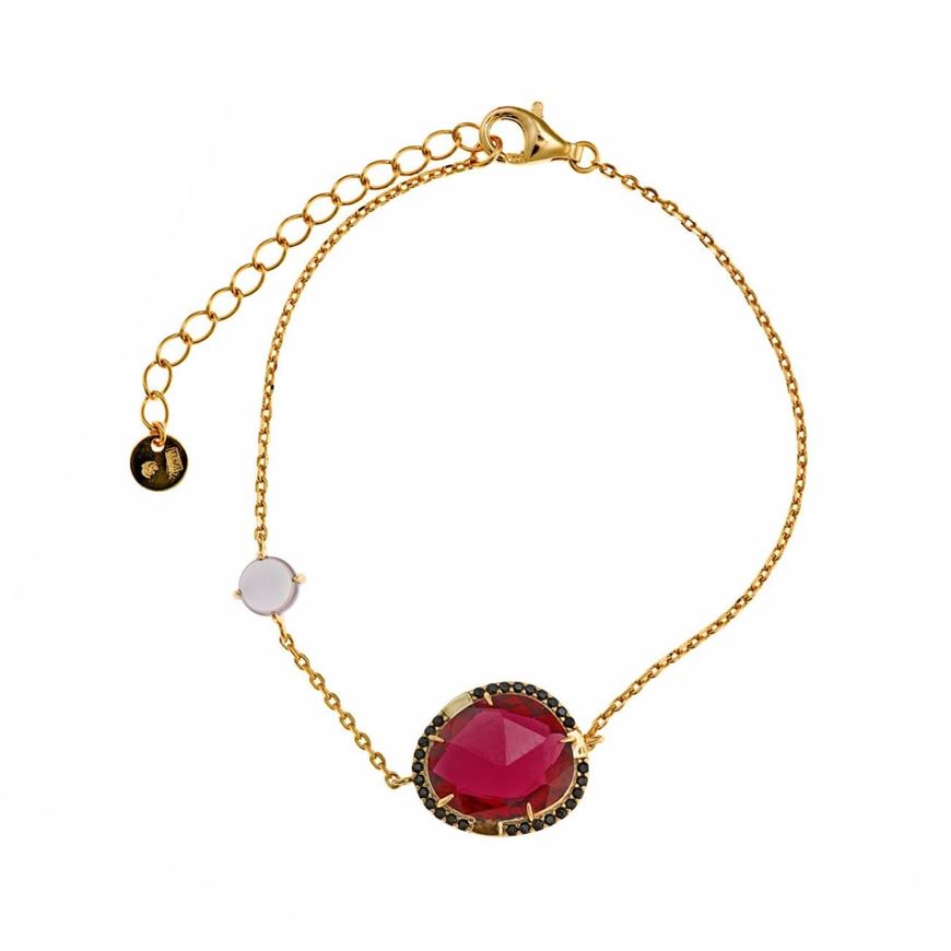 Foto de Pulsera plata chapado dorado cabujón morado, ovalo facetado rojo corundum alreadedor espinel negro