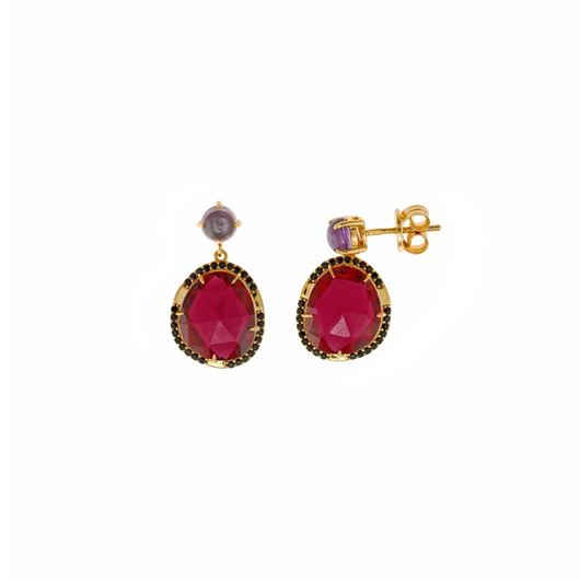 Foto de Pendientes plata chapado dorado cabujón morado, óvalo facetado rojo corundum alreadedor espinel negro 2.30 X 1.20cm