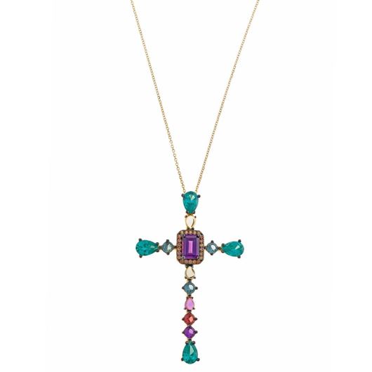 Foto de Collar plata chapado dorado cruz cristal moradas