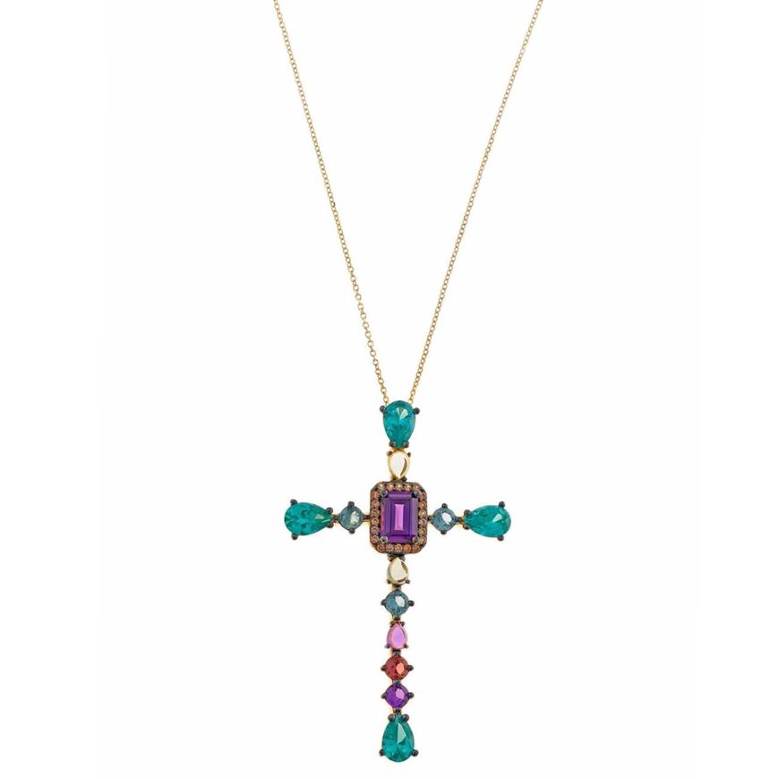 Foto de Collar Genuine plata chapado dorado cruz cristal moradas paraiba turnalina verde padparadsha y azul london bajo chapado rutenio