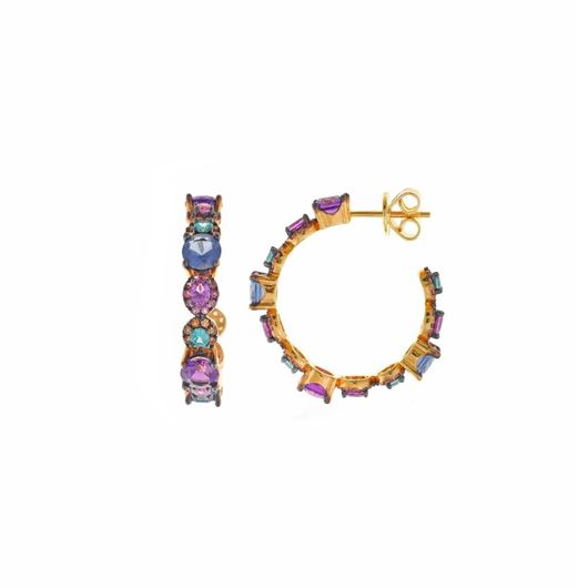 Foto de Pendientes plata chapado dorado aro circonitas rosa, zafiro, morado, paraiba, padparadcha brillantes y rectángulos bajo chapado rutenio 2 X 2cm