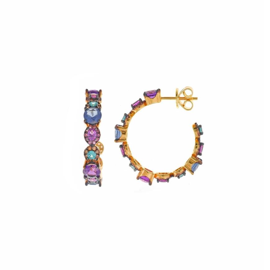 Foto de Pendientes plata chapado dorado aro circonitas rosa, zafiro, morado, paraiba, padparadcha brillantes y rectángulos bajo chapado rutenio 2 X 2cm