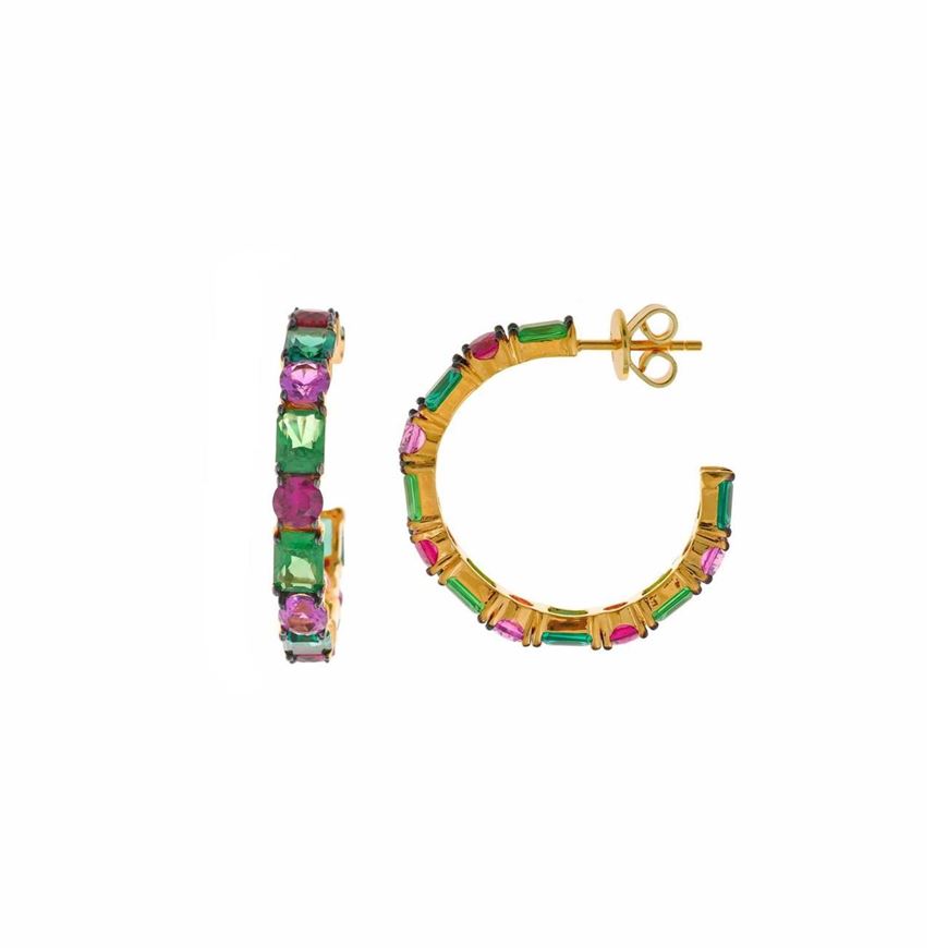 Foto de Pendientes plata chapado dorado aro circonitas esmeralda,tsavorita, rosa y rubí brillantes y rectángulos bajo chapado rutenio 2 X 2cm
