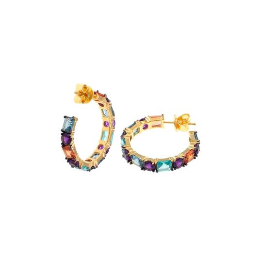 Foto de Pendientes plata chapado dorado aro circonitas padparadscha, paraiba, azul london y morado brillantes y rectángulos bajo chapado rutenio 2 X 2cm