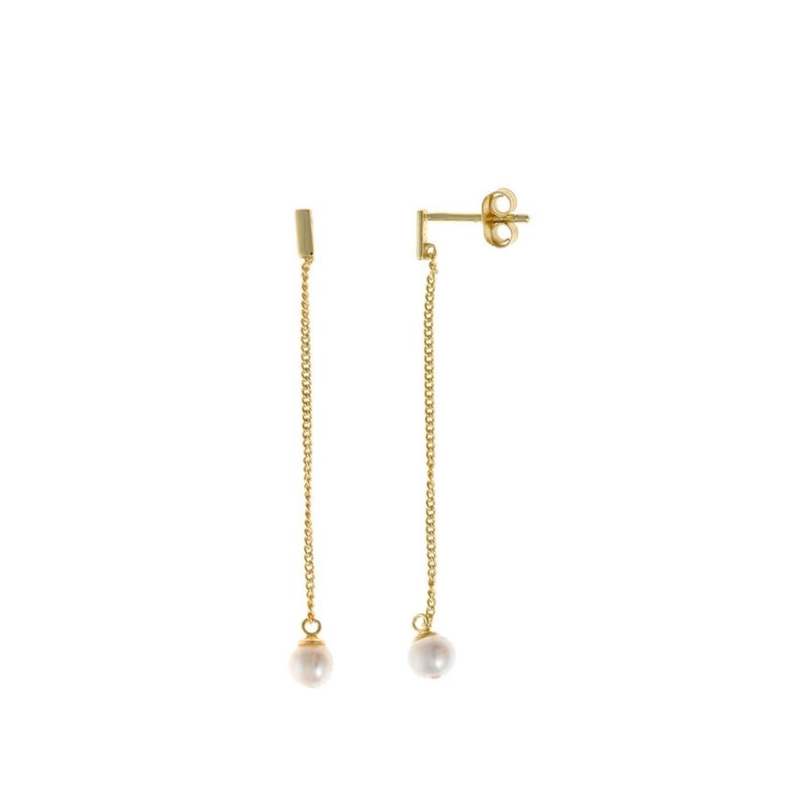 Foto de Pendientes plata chapado dorado barra cadena perla 5 X 0.40cm