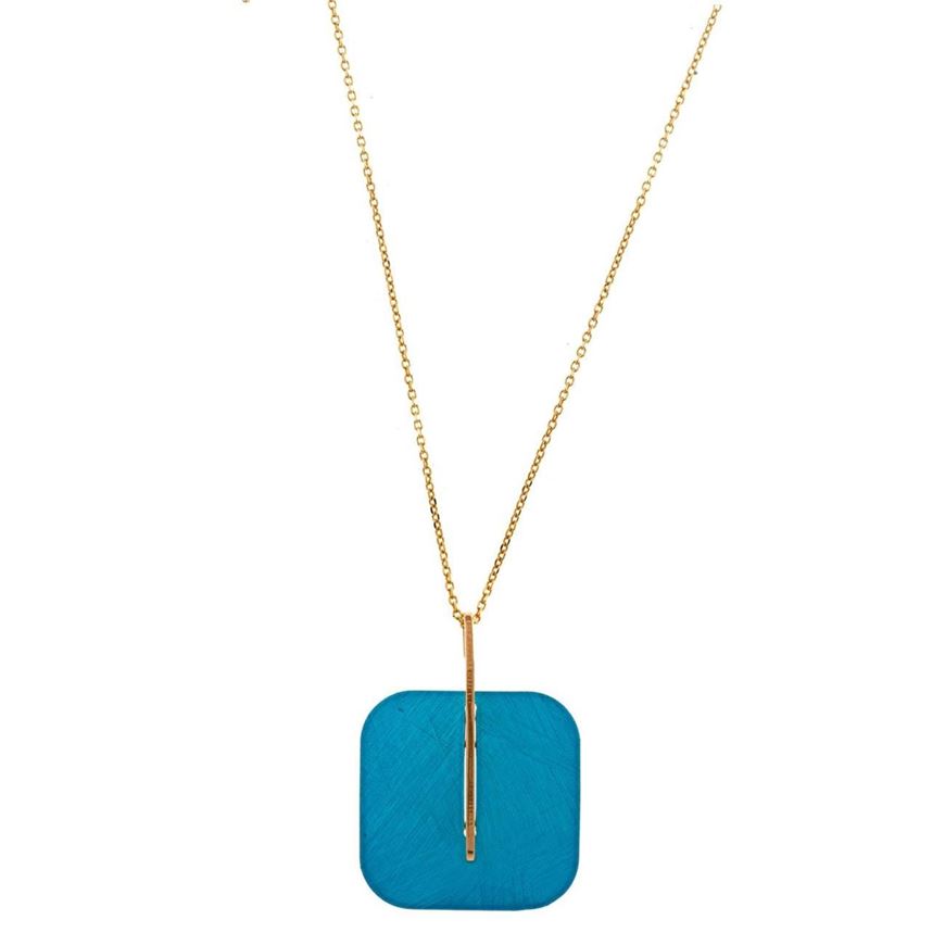 Foto de Collar Bamboo plata chapado dorado cuadrado diamantado turquesa
