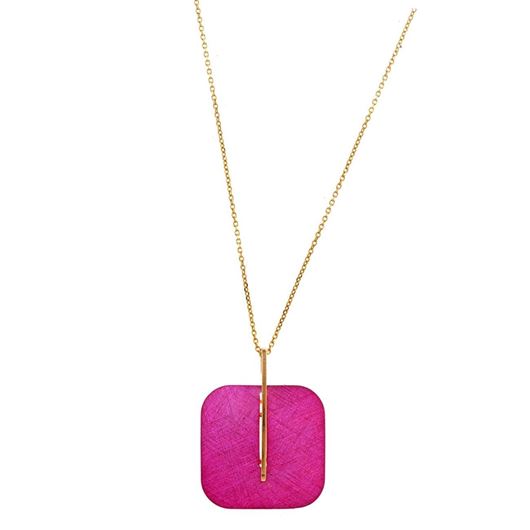 Foto de Collar plata chapado dorado cuadrado diamantado fucsia