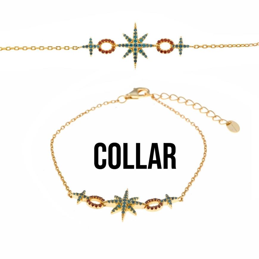 Foto de Collar Marmara plata chapado dorado estrellas y circulos