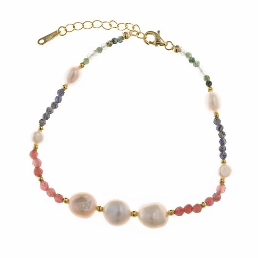 Picture of Pulsera de plata baño oro con perlas irregulares y turmalinas facetadas 