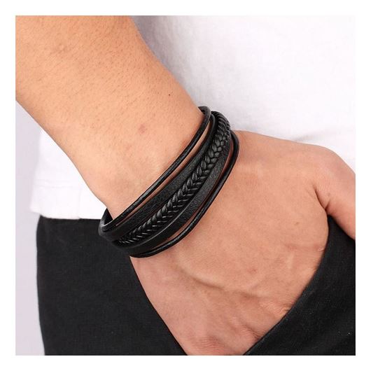 Foto de Pulsera de hombre multiple de cuero negro y acero