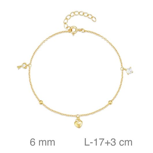 Foto de Pulsera de plata baño de oro con llave, corazón y circonita