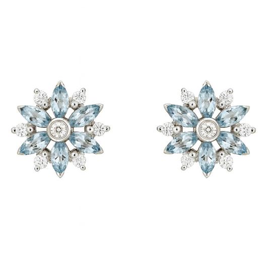 Picture of Pendientes rosetón de oro blanco 14 brillantes 0,23 CT y 12 aguamarinas 0,84CT