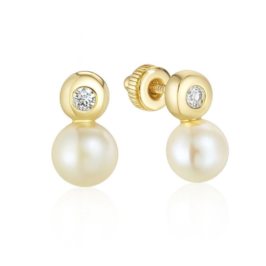 Foto de Pendientes de bebé Tu y yo en oro amarillo 18kt, perlas cultivadas y chatón de circonitas blancas