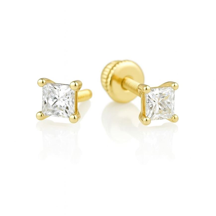Foto de Pendientes de bebé Puntos de luz cuatro garras en oro amarillo 18kt y circonitas blancas talla princesa