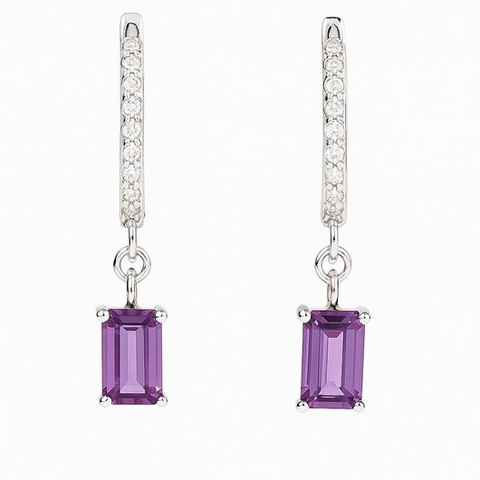 Foto de Pendientes Criollas de oro blanco 18kt con circonitas bagué color amatista y circontias blancas