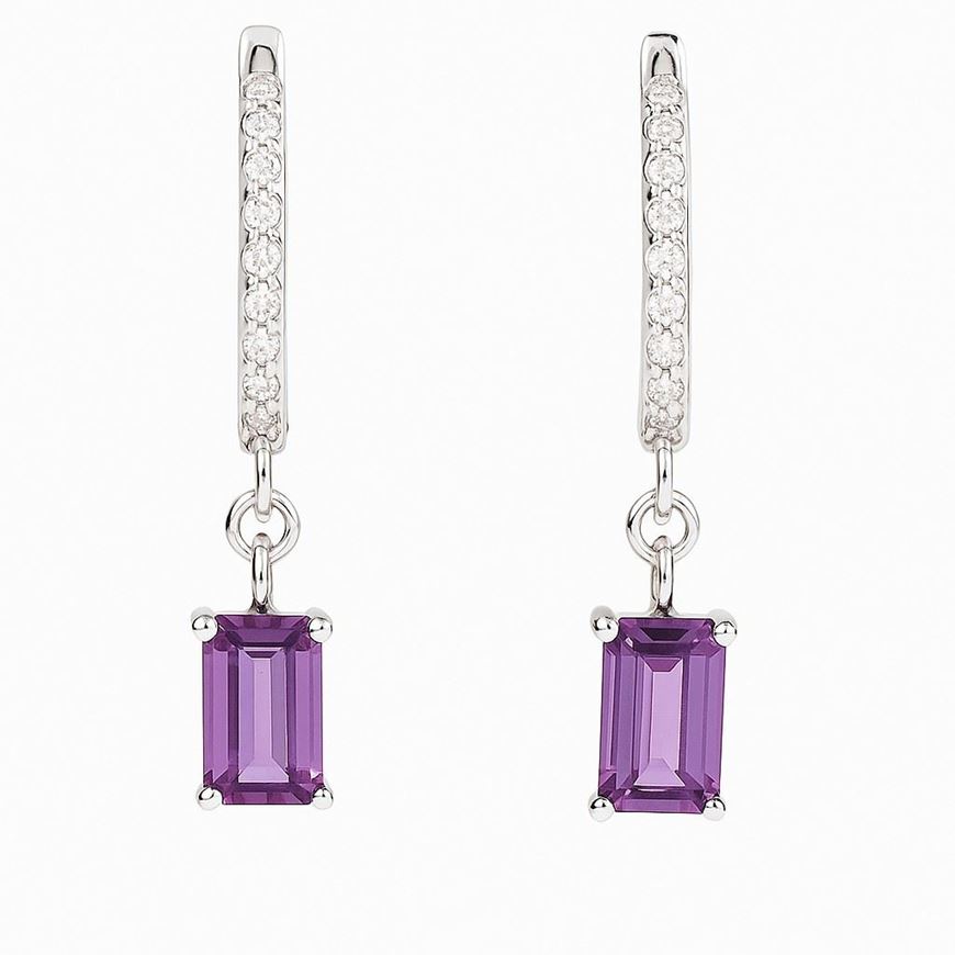 Foto de Pendientes Criollas de oro blanco 18kt con circonitas bagué color amatista y circontias blancas