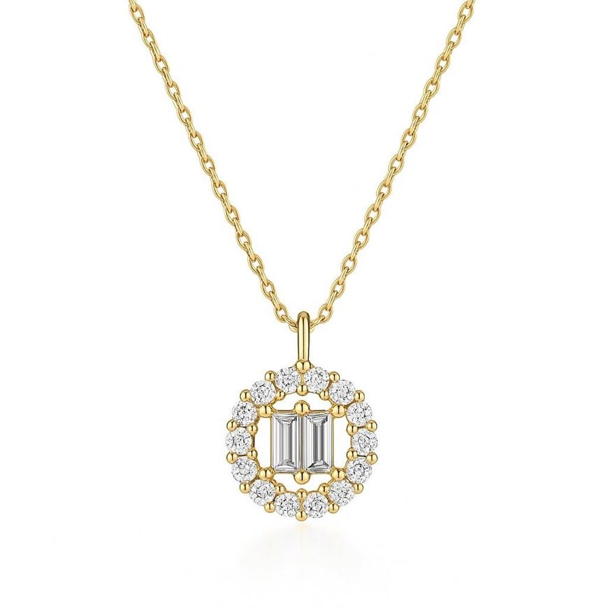 Foto de Gargantilla en oro amarillo 18kt con colgante 2 circonitas en talla bagué y orla de circonitas blancas