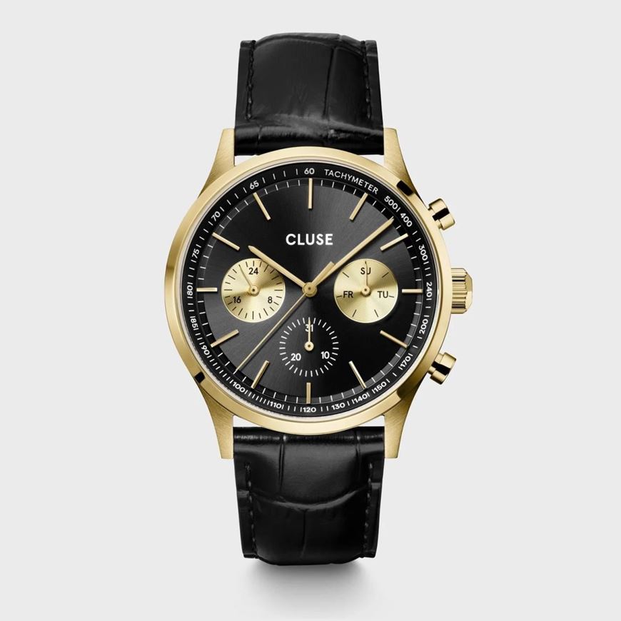 Picture of Reloj Cluse multifunción Anthéor de piel, color negro y dorado
