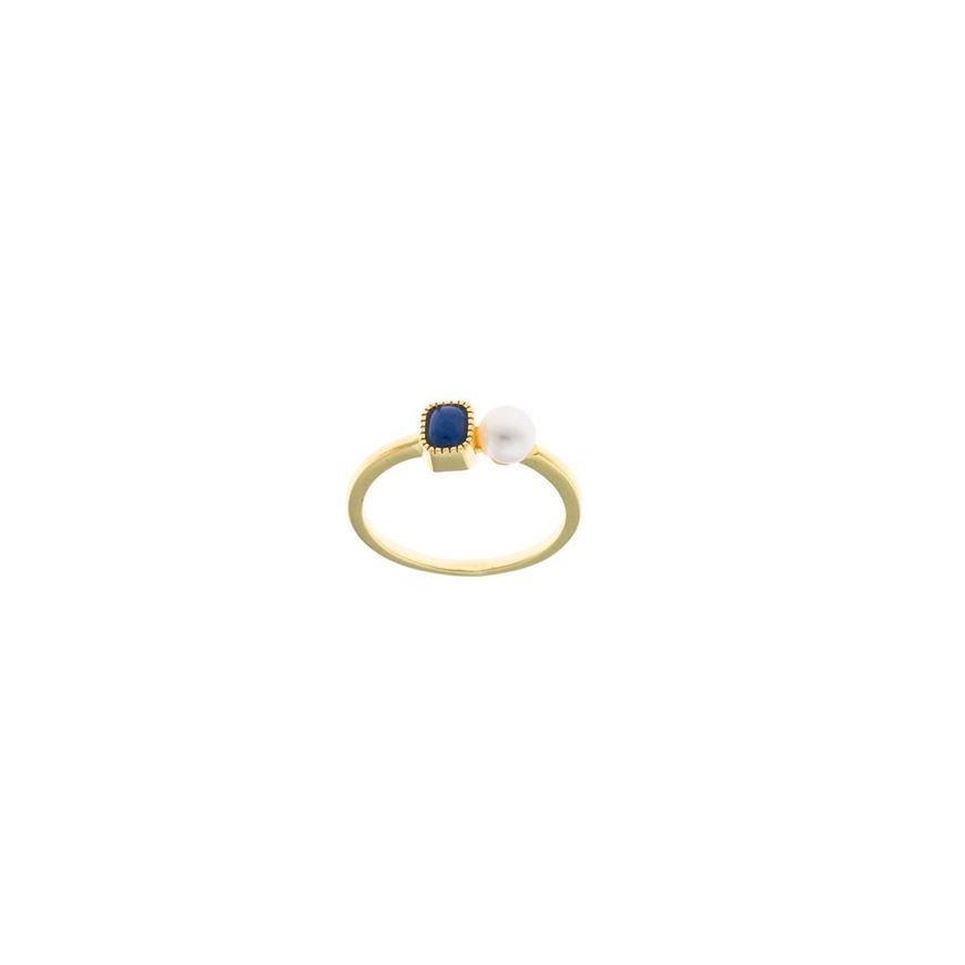 Foto de Sortija plata chapado dorado lapislazuli rectangulo perla