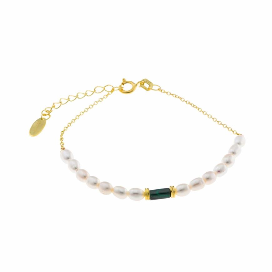 Foto de Pulsera plata chapado dorado malaquita tubo perlas