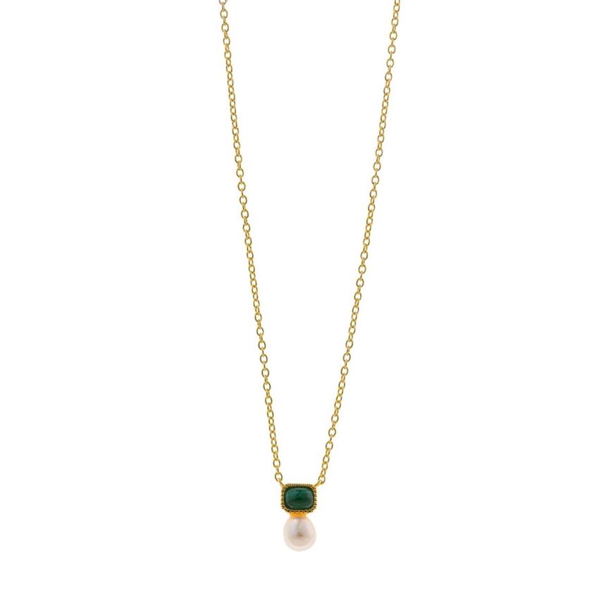 Foto de Collar plata chapado dorado malaquita rectangular perla