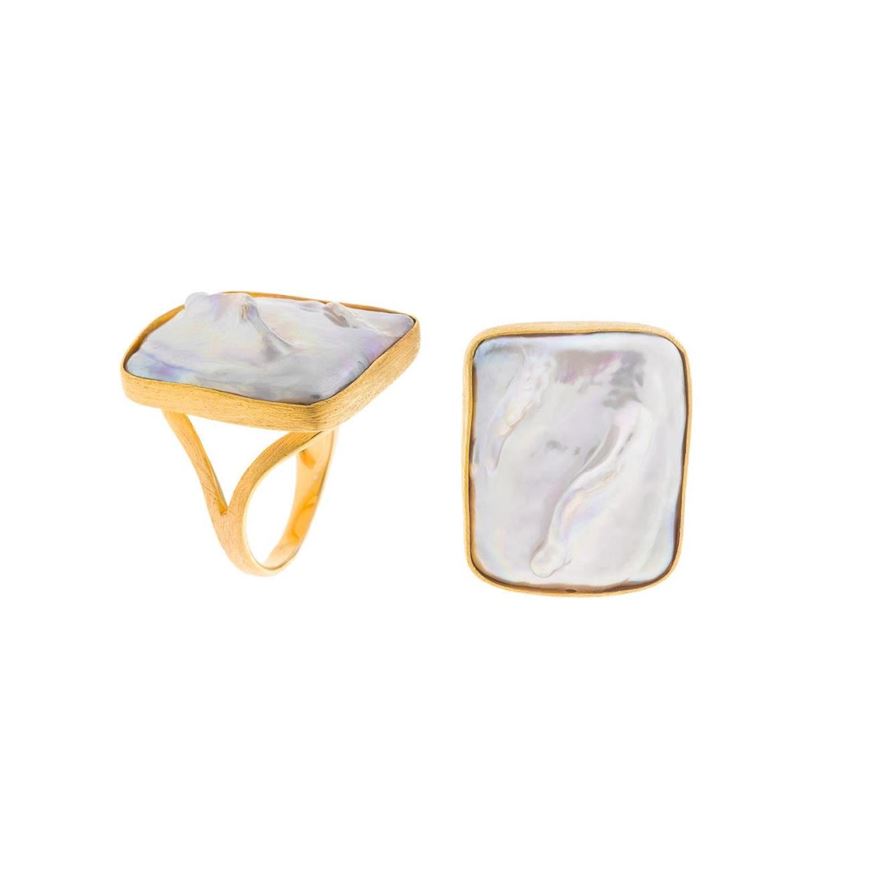 Foto de Anillo plata chapado dorado perla rectangular barroca