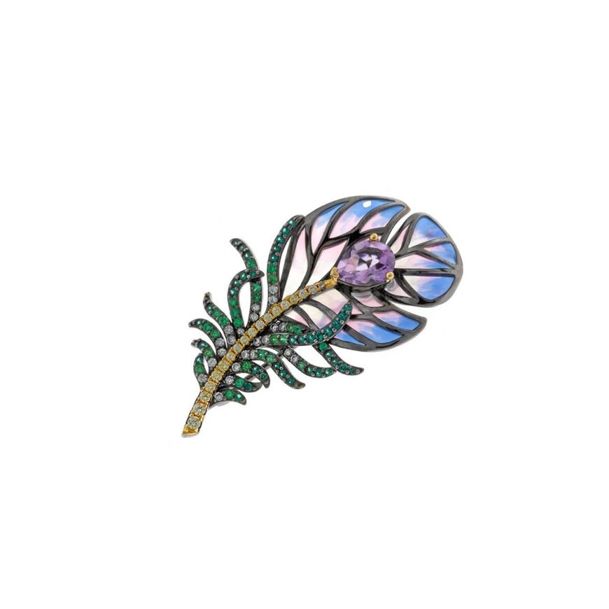 Foto de Broche plata chapado ruteniopluma amatista pera