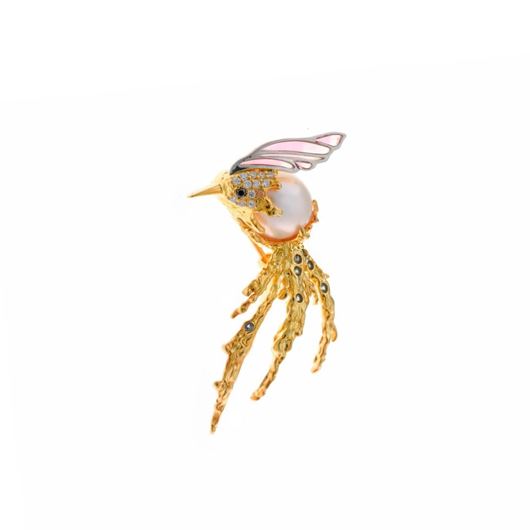 Foto de Broche plata chapado dorado golondrina perla