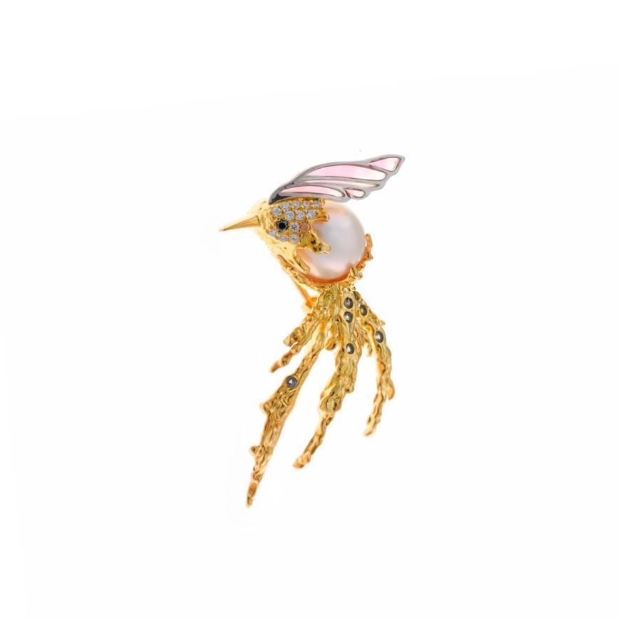 Foto de Broche plata chapado dorado golondrina perla