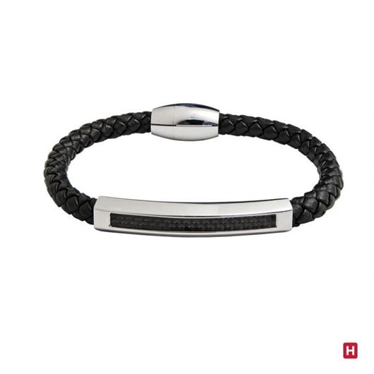 Mostrar los datos de Pulsera cuero negro con tubo acero y fibra carbono 19cm Foto de Pulsera cuero negro con tubo acero y fibra carbono 19cm