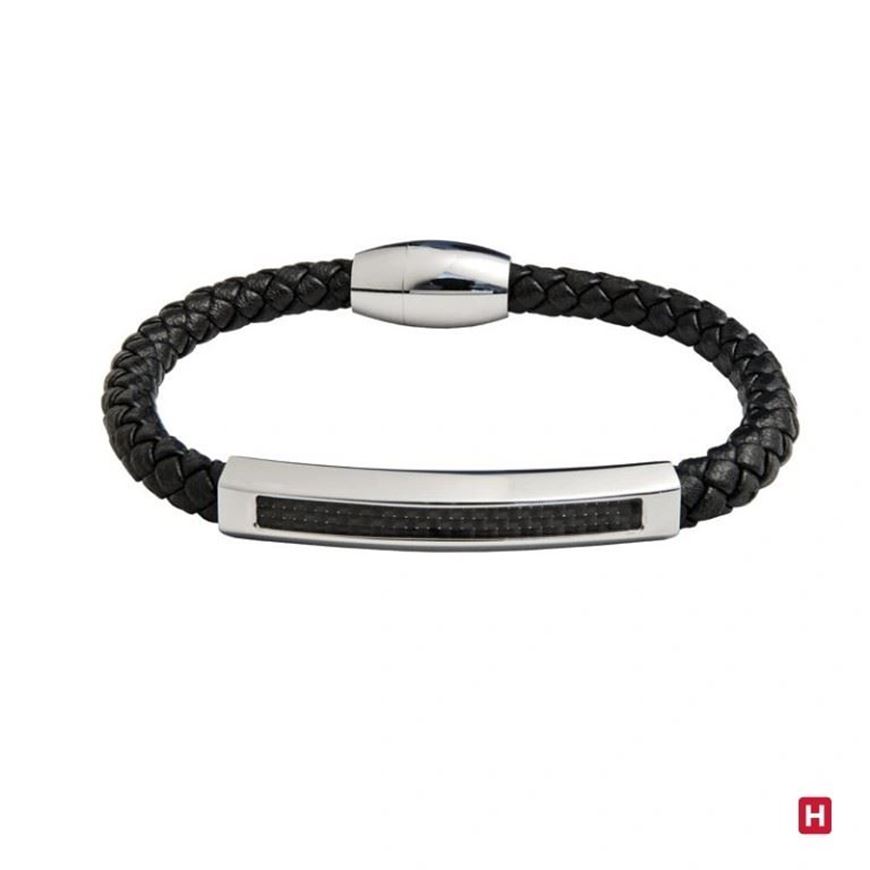 Foto de Pulsera cuero negro con tubo acero y fibra carbono 19cm