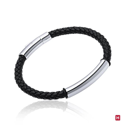 Foto de Pulsera de cuero negro y tubo de acero 21cm