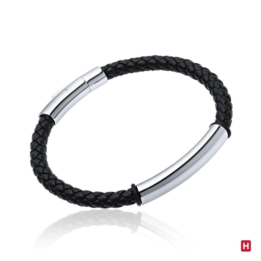 Foto de Pulsera de cuero negro y tubo de acero 19cm