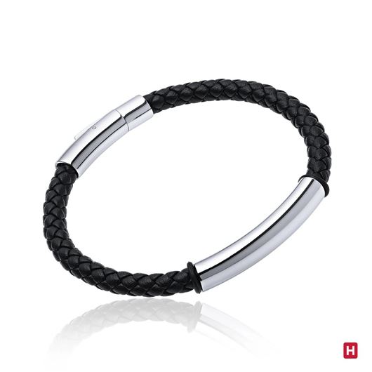 Picture of Pulsera de cuero negro y tubo de acero 20cm