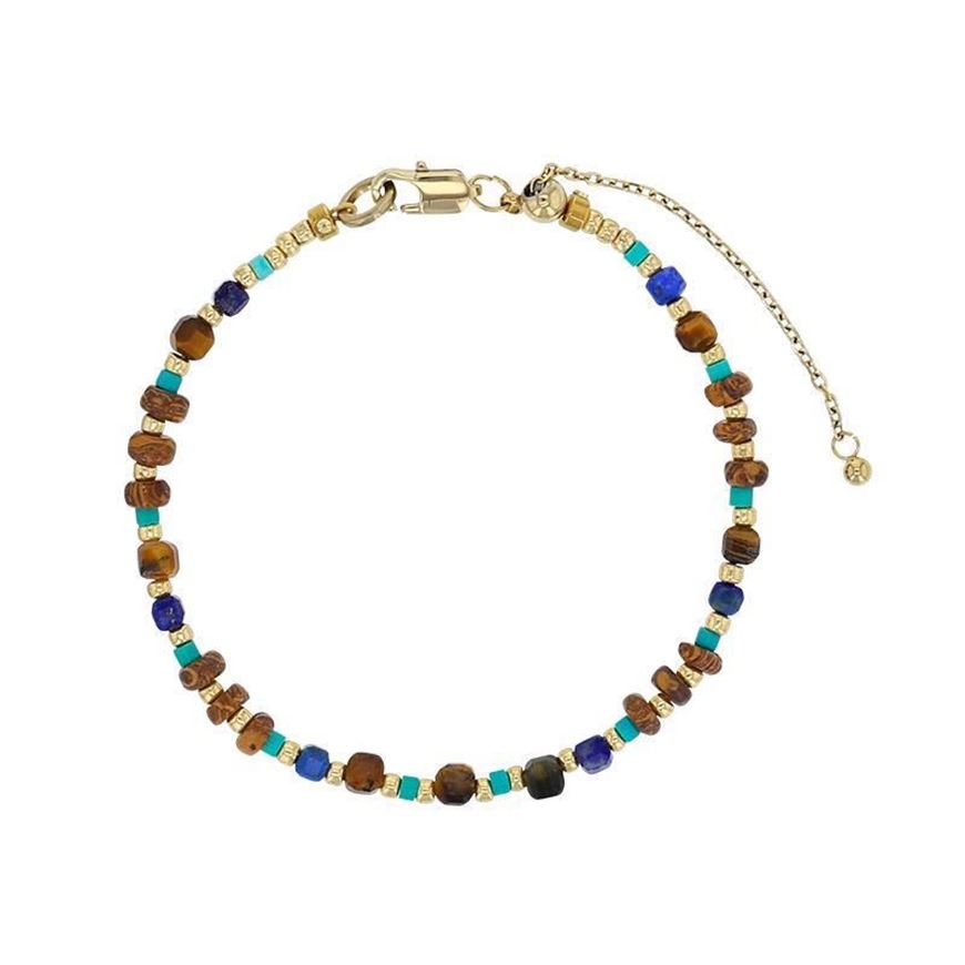 Foto de Pulsera de acero dorado y cuentas de cristal con turquesas reconstruidas