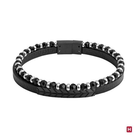 Foto de Pulsera cuero y acero negro con bolitas piedra natural 19cm