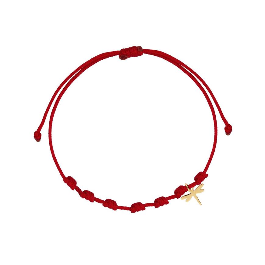 Foto de Pulsera 7 nudosnylon rojo  Libélula en oro amarillo 18kt