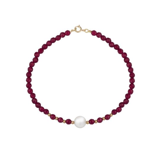 Foto de Pulsera ágatas rojas con perla y bolitas oro amarillo 18kt 18cm