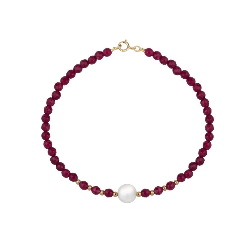 Foto de Pulsera ágatas rojas con perla y bolitas oro amarillo 18kt 18cm