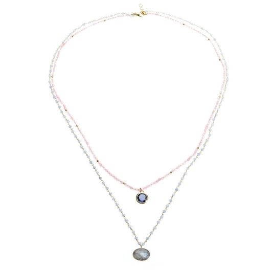 Foto de Collar plata chapado dorado labradorita oval, iolita hidrotermal redonda bolitas cuarzo rosa y calcita azul 90 cm