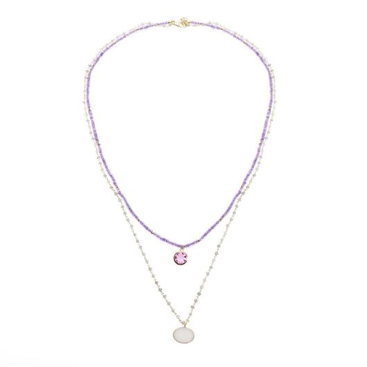 Foto de Collar plata chapado dorado drusa blanca oval, turmalina rosa hidrotermal redonda, bolitas amatista rosa y labradorita 90 cm