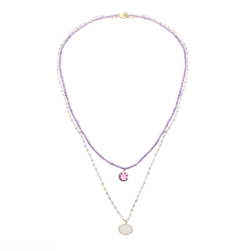 Foto de Collar plata chapado dorado drusa blanca oval, turmalina rosa hidrotermal redonda, bolitas amatista rosa y labradorita 90 cm