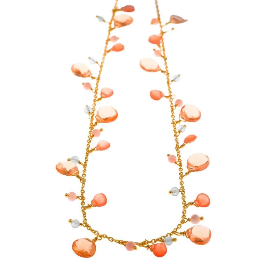 Foto de Collar metal chapado dorado ovalos facetados jades naranjas hidro morganita bolitas opalo rosa aquamrina milky