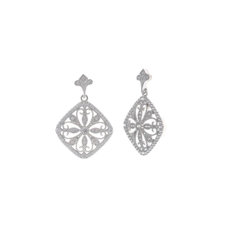 Foto de Pendientes plata rodio cadena con rombo filigranas circonitas blancas brillantes